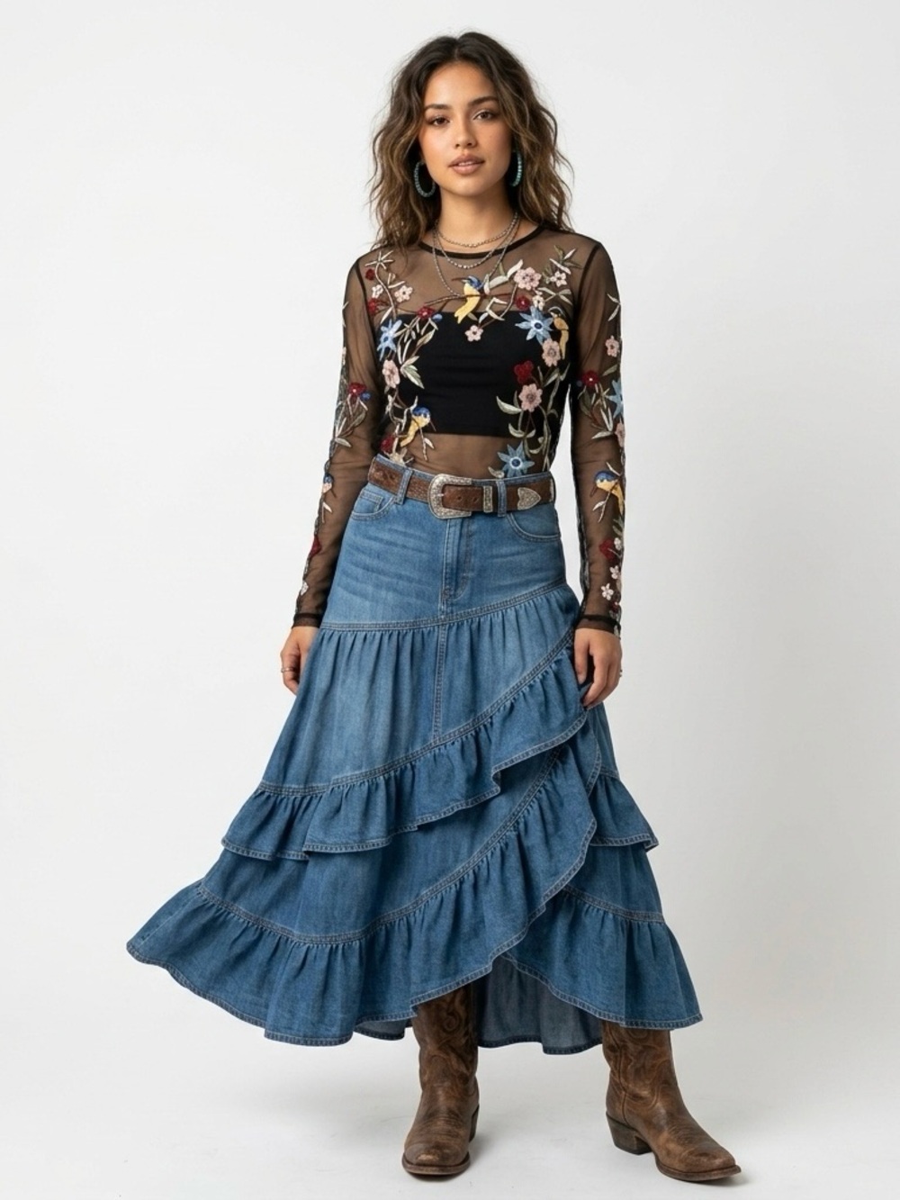 Zara black mesh embroidery floral top